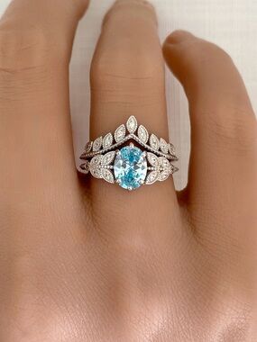 Oval Light Blue CZ 2pc Stackable Vintage Floral SterlingSilver Band Ring Set